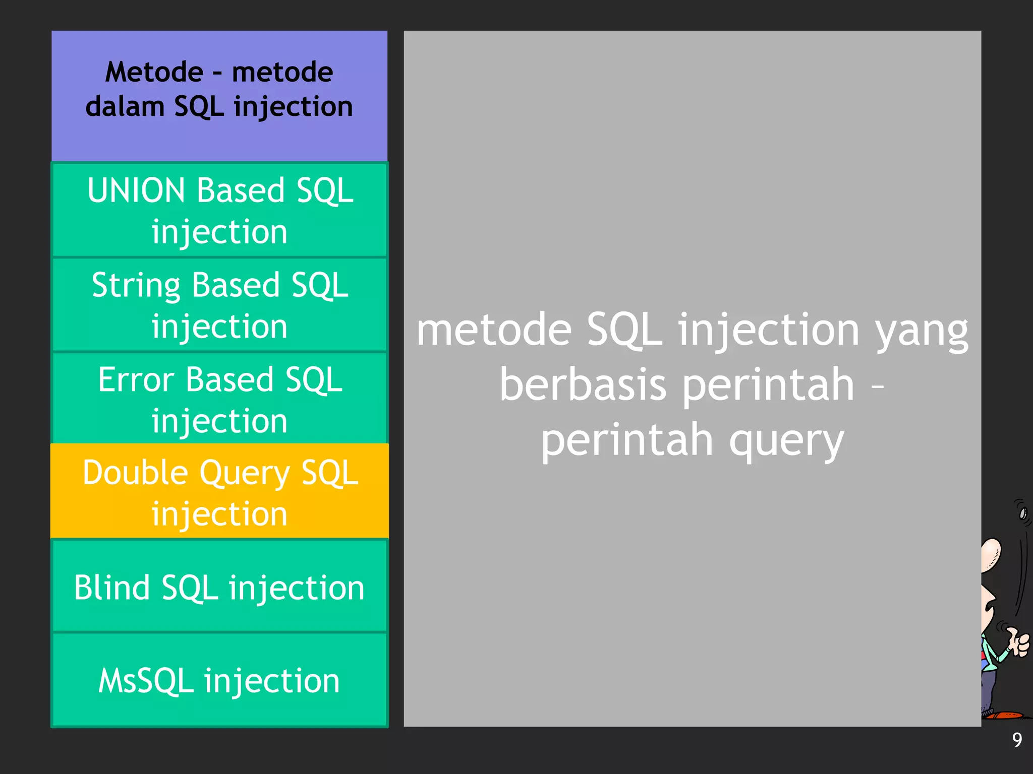 Metode – metode
dalam SQL injection
metode SQL injection yang
berbasis perintah –
perintah query
9
UNION Based SQL
injection
String Based SQL
injection
Error Based SQL
injection
Double Query SQL
injection
Blind SQL injection
MsSQL injection
 