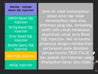 Metode – metode
dalam SQL injection
jenis ini tidak menampilkan
pesan error dan tidak
menampilkan data atau
informasi yang ada, terkadang
sediit sulit untuk melakukan
eksploitasi untuk jenis Blind
SQL Injection. Hal ini karena
prosesnya dengan memberikan
pertanyaan pada database
berupa kondisi TRUE/FALSE
dan apakah dari halaman yang
ditampilkan benar atau tidak
10
UNION Based SQL
injection
String Based SQL
injection
Error Based SQL
injection
Double Query SQL
injection
Blind SQL injection
MsSQL injection
 