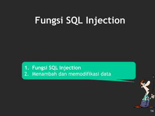 Fungsi SQL Injection
14
1. Fungsi SQL Injection
2. Menambah dan memodifikasi data
 