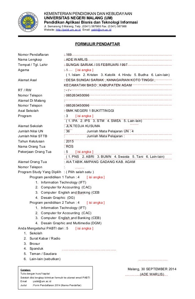 CONTOH FORMULIR PENDAFTARAN PERGURUAN TINGGI