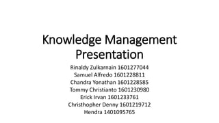 Knowledge Management
Presentation
Rinaldy Zulkarnain 1601277044
Samuel Alfredo 1601228811
Chandra Yonathan 1601228585
Tommy Christianto 1601230980
Erick Irvan 1601233761
Christhopher Denny 1601219712
Hendra 1401095765
 