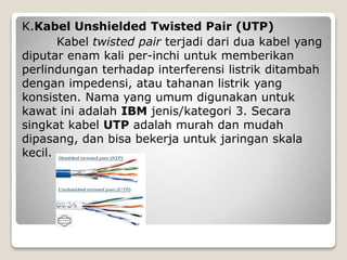 K.Kabel Unshielded Twisted Pair (UTP)
Kabel twisted pair terjadi dari dua kabel yang
diputar enam kali per-inchi untuk memberikan
perlindungan terhadap interferensi listrik ditambah
dengan impedensi, atau tahanan listrik yang
konsisten. Nama yang umum digunakan untuk
kawat ini adalah IBM jenis/kategori 3. Secara
singkat kabel UTP adalah murah dan mudah
dipasang, dan bisa bekerja untuk jaringan skala
kecil.
 