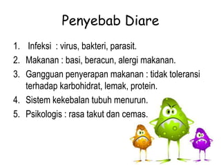 Penyebab Diare
1. Infeksi : virus, bakteri, parasit.
2. Makanan : basi, beracun, alergi makanan.
3. Gangguan penyerapan makanan : tidak toleransi
terhadap karbohidrat, lemak, protein.
4. Sistem kekebalan tubuh menurun.
5. Psikologis : rasa takut dan cemas.
 