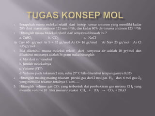 Tugaskonsep mol Berapakahmassamolekulrelatifdariisotopunsurantimon yang memilikikadar 20% darimassaantimon 121 sma121Sb, dankadar 80% darimassaantimon 123  123Sb HitunglahmassaMolekulrelatifdarisenyawadibawahini ? a. CuSO4                    b.  CO2                                               c.   NaCl Ar Cu= 65  gr/mol Ar S = 32 gr/mol Ar O= 16 gr/mol    Ar Na= 23 gr/mol   ArCl =35gr/mol Biladiketahuimassamolekulrelatifdarisenyawa air adalah 18 gr/mol dandikatahuimassanyaadalah 36 gram makahitunglah a. Mol dari air tersebut b. Jumlahmolekulnya c. Volume (STP) d. Volume padatakanan 2 atm, suhu 27° C biladiketahuitetapangasnya 8,023 Hitunglahmasingmasingtekananparsial gas dari 2 mol gas  H2dan  6 mol gas O2   yang memilikitekanantotalnya 6  atm….. 5.	Hitunglah volume gas CO2 yang terbentukdaipembakaran gas metana CH4 yang memilki volume 10   liter menurutreaksi   CH4   +    2O2    ->   CO2  + 2H2O 