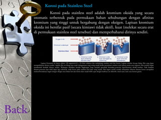 Korosi pada stainless steel adalah kromium oksida yang secara
otomatis terbentuk pada permukaan bahan sehubungan dengan afinitas
kromium yang tinggi untuk bergabung dengan oksigen. Lapisan kromium
oksida ini bersifat pasif (secara kimiawi tidak aktif), kuat (melekat secara erat
di permukaan stainless steel tersebut) dan memperbaharui dirinya sendiri.
Lapisan Kromium ini hanya sekitar 130 angstrom(1A = 10-10m) tebalnya dan melindungi stainless steel dari korosi. Lapisan tersebut berupa bahan film yang dapat
memperbaharui dirinya sendiri. Apabila film ini hilang atau rusak (sebagaimana yang sering terjadi ketika permukaan stainless steel terkena mesin atau tergores), film tersebut dapat
membentuk kembali dirinya sendiri. Walaupun demikian kondisi lingkungan tetap menjadi penyebab kerusakan protective layer(kromium oksida) tersebut. Pada keadaan
dimana protective layer tidak dapat lagi terbentuk, maka korosi pada stainless steel akan tetap terjadi. Sifat logam sendiri mudah melepaskan elektron dimana korosi merupakan
melarut/bereaksinya logam dengan oksigen atau bahan lain dan korosi akan terjadi lebih cepat dengan hadirnya zat elektrolit, misal suatu asam atau larutan garam.
Korosi pada Stainless Steel
Back
 