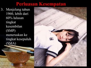 Perluasan Kesempatan
3. Menjelang tahun
   1960, lebih dari
   60% lulusan
   tingkat
   kesembilan
   (SMP)
   meneruskan ke
   tingkat kesepuluh
   (SMA)




                                 Page 54
 