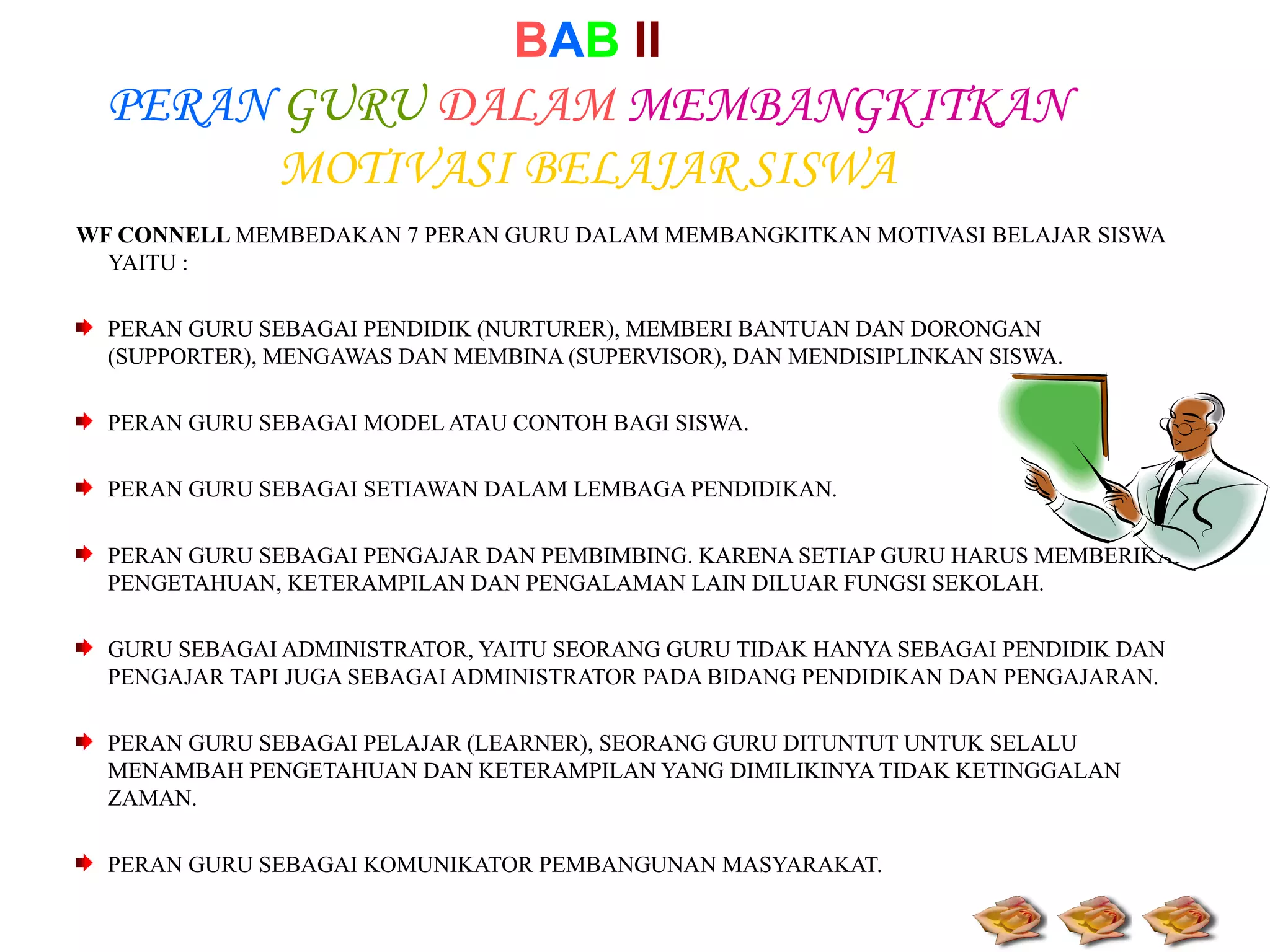 BAB II

PERAN GURU DALAM MEMBANGKITKAN
MOTIVASI BELAJAR SISWA
WF CONNELL MEMBEDAKAN 7 PERAN GURU DALAM MEMBANGKITKAN MOTIVASI BELAJAR SISWA
YAITU :
PERAN GURU SEBAGAI PENDIDIK (NURTURER), MEMBERI BANTUAN DAN DORONGAN
(SUPPORTER), MENGAWAS DAN MEMBINA (SUPERVISOR), DAN MENDISIPLINKAN SISWA.
PERAN GURU SEBAGAI MODEL ATAU CONTOH BAGI SISWA.
PERAN GURU SEBAGAI SETIAWAN DALAM LEMBAGA PENDIDIKAN.
PERAN GURU SEBAGAI PENGAJAR DAN PEMBIMBING. KARENA SETIAP GURU HARUS MEMBERIKAN
PENGETAHUAN, KETERAMPILAN DAN PENGALAMAN LAIN DILUAR FUNGSI SEKOLAH.
GURU SEBAGAI ADMINISTRATOR, YAITU SEORANG GURU TIDAK HANYA SEBAGAI PENDIDIK DAN
PENGAJAR TAPI JUGA SEBAGAI ADMINISTRATOR PADA BIDANG PENDIDIKAN DAN PENGAJARAN.
PERAN GURU SEBAGAI PELAJAR (LEARNER), SEORANG GURU DITUNTUT UNTUK SELALU
MENAMBAH PENGETAHUAN DAN KETERAMPILAN YANG DIMILIKINYA TIDAK KETINGGALAN
ZAMAN.
PERAN GURU SEBAGAI KOMUNIKATOR PEMBANGUNAN MASYARAKAT.

 