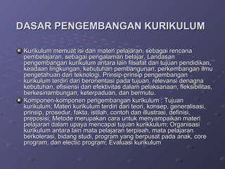 DASAR PENGEMBANGAN KURIKULUM

 Kurikulum memuat isi dan materi pelajaran, sebagai rencana
 pembelajaran, sebagai pengalaman belajar. Landasan
 pengembangan kurikulum antara lain filsafat dan tujuan pendidikan,
 keadaan lingkungan, kebutuhan pembangunan, perkembangan ilmu
 pengetahuan dan teknologi. Prinsip-prinsip pengembangan
 kurikulum terdiri dari berorientasi pada tujuan, relevansi denagna
 kebutuhan, efisiensi dan efektivitas dalam pelaksanaan, fleksibilitas,
 berkesinambungan, keterpaduan, dan bermutu.
 Komponen-komponen pengembangan kurikulum : Tujuan
 kurikulum; Materi kurikulum terdiri dari teori, konsep, generalisasi,
 prinsip, prosedur, fakta, istilah, contoh dan illustrasi, definisi,
 preposisi; Metode merupakan cara untuk menyampaikan materi
 pelajaran dalam upaya mencapai tujuan kurikkulum; Organisasi
 kurikulum antara lain mata pelajaran terpisah, mata pelajaran
 berkolerasi, bidang studi, program yang berpusat pada anak, core
 program, dan electic program; Evaluasi kurikulum
 