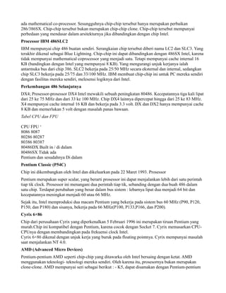 ada mathematical co-processor. Sesungguhnya chip-chip tersebut hanya merupakan perbaikan
286/386SX. Chip-chip tersebut bukan merupakan chip-chip clone. Chip-chip tersebut mempunyai
perbedaan yang mendasar dalam arsitekturnya jika dibandingkan dengan chip Intel.
Processor IBM 486SLC2
IBM mempunyai chip 486 buatan sendiri. Serangkaian chip tersebut diberi nama LC2 dan SLC3. Yang
terakhir dikenal sebagai Blue Lightning. Chip-chip ini dapat dibandingkan dengan 486SX Intel, karena
tidak mempunyai mathematical coprocessor yang menjadi satu. Tetapi mempunyai cache internal 16
KB (bandingkan dengan Intel yang mempunyai 8 KB). Yang mengurangi unjuk kerjanya ialah
antarmuka bus dari chip 386. SLC2 bekerja pada 25/50 MHz secara eksternal dan internal, sedangkan
chip SLC3 bekerja pada 25/75 dan 33/100 MHz. IBM membuat chip-chip ini untuk PC mereka sendiri
dengan fasilitas mereka sendiri, melesensi logiknya dari Intel.
Perkembangan 486 Selanjutnya
DX4; Prosessor-prosessor DX4 Intel mewakili sebuah peningkatan 80486. Kecepatannya tiga kali lipat
dari 25 ke 75 MHz dan dari 33 ke 100 MHz. Chip DX4 lainnya dipercepat hingga dari 25 ke 83 MHz.
X4 mempunyai cache internal 16 KB dan bekerja pada 3.3 volt. DX dan DX2 hanya mempunyai cache
8 KB dan memerlukan 5 volt dengan masalah panas bawaan.
Tabel CPU dan FPU
CPU FPU ‘
8086 8087
80286 80287
80386 80387
80486DX Built in / di dalam
80486SX Tidak ada
Pentium dan sesudahnya Di dalam
Pentium Classic (P54C)
Chip ini dikembangkan oleh Intel dan dikeluarkan pada 22 Maret 1993. Prosessor
Pentium merupakan super scalar, yang berarti prosessor ini dapat menjalankan lebih dari satu perintah
tiap tik clock. Prosessor ini menangani dua perintah tiap tik, sebanding dengan dua buah 486 dalam
satu chip. Terdapat perubahan yang besar dalam bus sistem : lebarnya lipat dua menjadi 64 bit dan
kecepatannya meningkat menjadi 60 atau 66 MHz.
Sejak itu, Intel memproduksi dua macam Pentium yang bekerja pada sistem bus 60 MHz (P90, P120,
P150, dan P180) dan sisanya, bekerja pada 66 MHz(P100, P133,P166, dan P200).
Cyrix 6×86
Chip dari perusahaan Cyrix yang diperkenalkan 5 Februari 1996 ini merupakan tiruan Pentium yang
murah.Chip ini kompatibel dengan Pentium, karena cocok dengan Socket 7. Cyrix memasarkan CPU-
CPUnya dengan membandingkan pada frekuensi clock Intel.
Cyrix 6×86 dikenal dengan unjuk kerja yang buruk pada floating pointnya. Cyrix mempunyai masalah
saat menjalankan NT 4.0.
AMD (Advanced Micro Devices)
Pentium-pentium AMD seperti chip-chip yang ditawarka oleh Intel bersaing dengan ketat. AMD
menggunakan teknologi- teknologi mereka sendiri. Oleh karena itu, prosesornya bukan merupakan
clone-clone. AMD mempunyai seri sebagai berikut : - K5, dapat disamakan dengan Pentium-pentium
 