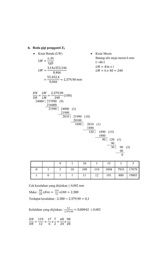 b. Roda gigi pengganti Z2
 Kisar Benda (LW)
𝐿𝑊 =
. 𝐷𝑡
𝑡𝑔
𝐿𝑊 =
3,14𝑥353,146
0,466
=
55.452,4
0,466
= 2.379,90 𝑚𝑚
 Kisar Mesin
Batang ulir meja mesin 6 mm
I =40:1
𝐿𝑀 = 𝐾𝑚 𝑥 𝑖
𝐿𝑀 = 6 𝑥 40 = 240
𝐷𝑁
𝐷𝑅
=
𝐿𝑊
𝐿𝑀
=
2.379,90
240
(100)
24000 237990 (9)
216000
21990 24000 (1)
21990
2010 21990 (10)
20100
1890 2010 (1)
1890
120 1890 (15)
1800
90 120 (1)
90
30 90 (3)
90
0
9 1 10 1 15 1 3
0 1 3 10 109 119 1894 7933 17879
1 0 1 1 11 12 191 800 19803
Cek kesalahan yang diijinkan ≤ 0,002 mm
Maka :
𝐷𝑁
𝐷𝑅
𝑥𝐾𝑚 =
119
12
𝑥240 = 2.380
Terdapat kesalahan : 2.380 − 2.379,90 = 0,1
Kelalahan yang diijinkan :
0,1
2.379,90
= 0,00042 ≤ 0,002
𝐷𝑁
𝐷𝑅
=
119
12
=
17
6
𝑥
7
2
=
68
24
𝑥
98
28
 