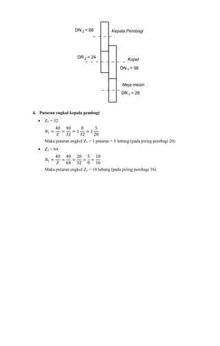 DN = 682
DR = 242
DN = 981
DR = 281
Kepala Pembagi
Kopel
Meja mesin
4. Putaran engkol kepala pembagi
 Z1 = 32
𝑁1 =
40
𝑍
=
40
32
= 1
8
32
= 1
5
20
Maka putaran engkol Z1 = 1 putaran + 5 lubang (pada piring pembagi 20)
 Z2 = 64
𝑁1 =
40
𝑍
=
40
64
=
20
32
=
5
8
=
10
16
Maka putaran engkol Z2 = 10 lubang (pada piring pembagi 16)
 