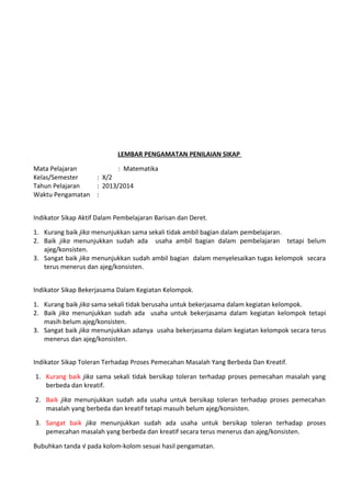 LEMBAR PENGAMATAN PENILAIAN SIKAP
Mata Pelajaran : Matematika
Kelas/Semester : X/2
Tahun Pelajaran : 2013/2014
Waktu Pengamatan :
Indikator Sikap Aktif Dalam Pembelajaran Barisan dan Deret.
1. Kurang baik jika menunjukkan sama sekali tidak ambil bagian dalam pembelajaran.
2. Baik jika menunjukkan sudah ada usaha ambil bagian dalam pembelajaran tetapi belum
ajeg/konsisten.
3. Sangat baik jika menunjukkan sudah ambil bagian dalam menyelesaikan tugas kelompok secara
terus menerus dan ajeg/konsisten.
Indikator Sikap Bekerjasama Dalam Kegiatan Kelompok.
1. Kurang baik jika sama sekali tidak berusaha untuk bekerjasama dalam kegiatan kelompok.
2. Baik jika menunjukkan sudah ada usaha untuk bekerjasama dalam kegiatan kelompok tetapi
masih belum ajeg/konsisten.
3. Sangat baik jika menunjukkan adanya usaha bekerjasama dalam kegiatan kelompok secara terus
menerus dan ajeg/konsisten.
Indikator Sikap Toleran Terhadap Proses Pemecahan Masalah Yang Berbeda Dan Kreatif.
1. Kurang baik jika sama sekali tidak bersikap toleran terhadap proses pemecahan masalah yang
berbeda dan kreatif.
2. Baik jika menunjukkan sudah ada usaha untuk bersikap toleran terhadap proses pemecahan
masalah yang berbeda dan kreatif tetapi masuih belum ajeg/konsisten.
3. Sangat baik jika menunjukkan sudah ada usaha untuk bersikap toleran terhadap proses
pemecahan masalah yang berbeda dan kreatif secara terus menerus dan ajeg/konsisten.
Bubuhkan tanda √ pada kolom-kolom sesuai hasil pengamatan.
 