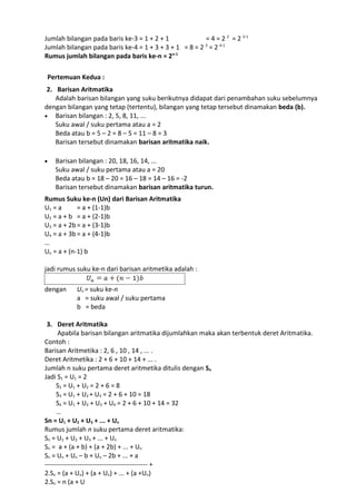 Jumlah bilangan pada baris ke-3 = 1 + 2 + 1 = 4 = 2 2
= 2 3-1
Jumlah bilangan pada baris ke-4 = 1 + 3 + 3 + 1 = 8 = 2 3
= 2 4-1
Rumus jumlah bilangan pada baris ke-n = 2n-1
Pertemuan Kedua :
2. Barisan Aritmatika
Adalah barisan bilangan yang suku berikutnya didapat dari penambahan suku sebelumnya
dengan bilangan yang tetap (tertentu), bilangan yang tetap tersebut dinamakan beda (b).
• Barisan bilangan : 2, 5, 8, 11, ...
Suku awal / suku pertama atau a = 2
Beda atau b = 5 – 2 = 8 – 5 = 11 – 8 = 3
Barisan tersebut dinamakan barisan aritmatika naik.
• Barisan bilangan : 20, 18, 16, 14, ...
Suku awal / suku pertama atau a = 20
Beda atau b = 18 – 20 = 16 – 18 = 14 – 16 = -2
Barisan tersebut dinamakan barisan aritmatika turun.
Rumus Suku ke-n (Un) dari Barisan Aritmatika
U1 = a = a + (1-1)b
U2 = a + b = a + (2-1)b
U3 = a + 2b = a + (3-1)b
U4 = a + 3b = a + (4-1)b
…
Un = a + (n-1) b
jadi rumus suku ke-n dari barisan aritmetika adalah :
dengan Un = suku ke-n
a = suku awal / suku pertama
b = beda
3. Deret Aritmatika
Apabila barisan bilangan aritmatika dijumlahkan maka akan terbentuk deret Aritmatika.
Contoh :
Barisan Aritmetika : 2, 6 , 10 , 14 , ... .
Deret Aritmetika : 2 + 6 + 10 + 14 + ... .
Jumlah n suku pertama deret aritmetika ditulis dengan Sn
Jadi S1 = U1 = 2
S2 = U1 + U2 = 2 + 6 = 8
S3 = U1 + U2 + U3 = 2 + 6 + 10 = 18
S4 = U1 + U2 + U3 + U4 = 2 + 6 + 10 + 14 = 32
...
Sn = U1 + U2 + U3 + ... + Un
Rumus jumlah n suku pertama deret aritmatika:
Sn = U1 + U2 + U3 + ... + Un
Sn = a + (a + b) + (a + 2b) + ... + Un
Sn = Un + Un – b + Un – 2b + ... + a
----------------------------------------------- +
2.Sn = (a + Un) + (a + Un) + ... + (a +Un)
2.Sn = n (a + U
 