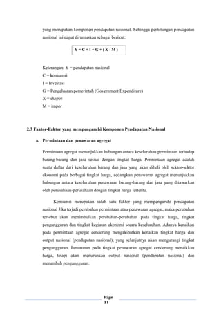 Page
11
yang merupakan komponen pendapatan nasional. Sehingga perhitungan pendapatan
nasional ini dapat dirumuskan sebagai berikut:
Keterangan: Y = pendapatan nasional
C = konsumsi
I = Investasi
G = Pengeluaran pemerintah (Government Expenditure)
X = ekspor
M = impor
2.3 Faktor-Faktor yang mempengaruhi Komponen Pendapatan Nasional
a. Permintaan dan penawaran agregat
Permintaan agregat menunjukkan hubungan antara keseluruhan permintaan terhadap
barang-barang dan jasa sesuai dengan tingkat harga. Permintaan agregat adalah
suatu daftar dari keseluruhan barang dan jasa yang akan dibeli oleh sektor-sektor
ekonomi pada berbagai tingkat harga, sedangkan penawaran agregat menunjukkan
hubungan antara keseluruhan penawaran barang-barang dan jasa yang ditawarkan
oleh perusahaan-perusahaan dengan tingkat harga tertentu.
Konsumsi merupakan salah satu faktor yang mempengaruhi pendapatan
nasional Jika terjadi perubahan permintaan atau penawaran agregat, maka perubahan
tersebut akan menimbulkan perubahan-perubahan pada tingkat harga, tingkat
pengangguran dan tingkat kegiatan ekonomi secara keseluruhan. Adanya kenaikan
pada permintaan agregat cenderung mengakibatkan kenaikan tingkat harga dan
output nasional (pendapatan nasional), yang selanjutnya akan mengurangi tingkat
pengangguran. Penurunan pada tingkat penawaran agregat cenderung menaikkan
harga, tetapi akan menurunkan output nasional (pendapatan nasional) dan
menambah pengangguran.
Y = C + I + G + ( X - M )
 