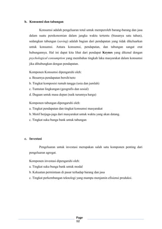 Page
12
b. Konsumsi dan tabungan
Konsumsi adalah pengeluaran total untuk memperoleh barang-barang dan jasa
dalam suatu perekonomian dalam jangka waktu tertentu (biasanya satu tahun),
sedangkan tabungan (saving) adalah bagian dari pendapatan yang tidak dikeluarkan
untuk konsumsi. Antara konsumsi, pendapatan, dan tabungan sangat erat
hubungannya. Hal ini dapat kita lihat dari pendapat Keynes yang dikenal dengan
psychological consumption yang membahas tingkah laku masyarakat dalam konsumsi
jika dihubungkan dengan pendapatan.
Komponen Konsumsi dipengaruhi oleh:
a. Besarnya pendapatan bersih/neto
b. Tingkat komposisi rumah tangga (usia dan jumlah)
c. Tuntutan lingkungan (geografis dan sosial)
d. Dugaan untuk masa depan (naik turunnya harga)
Komponen tabungan dipengaruhi oleh:
a. Tingkat pendapatan dan tingkat konsumsi masyarakat
b. Motif berjaga-jaga dari masyarakat untuk waktu yang akan datang.
c. Tingkat suku bunga bank untuk tabungan
c. Investasi
Pengeluaran untuk investasi merupakan salah satu komponen penting dari
pengeluaran agregat.
Komponen investasi dipengaruhi oleh:
a. Tingkat suku bunga bank untuk modal
b. Kekuatan permintaan di pasar terhadap barang dan jasa
c. Tingkat perkembangan teknologi yang mampu menjamin efisiensi produksi.
 
