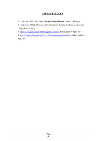 Page
16
DAFTAR PUSTAKA
1. Case, Karl. Fair, Ray. 2006. Prinsip-Prinsip Ekonomi. Jakarta : Erlangga
2. Sudiyono. (1992). Ekonomi Makro (Pengantar Analisa Pendapatan Nasional).
Yogyakarta: Liberty
3. http://id.wikipedia.org/wiki/Pendapatan_nasional diakses pada 10 April 2014
4. http://ekmakro.blogspot.com/2011/09/pendapatan-nasional.html diakses pada 10
April 2014
 