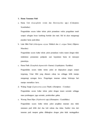 1. Hama Tanaman Padi
a. Hama Uret (Leucopholis rorida dan Heteronychus spp.) (Coleoptera:
Scarabaidae)
Pengendalian secara kultur teknis yakni penundaan waktu pengolahan tanah
sampai sebagian besar kumbang bertelur dan mati. Hal ini akan mengurangi
populasi hama pada lahan.
b. Lalat Bibit Padi (Atherigona oryzae Malloch dan A. exigua Stein.) (Diptera:
Muscidae)
Pengendalian secara kultur teknis yakni penundaan waktu tanam dengan tidak
melakukan penanaman padipada saat kepadatan hama ini mencapai
puncaknya.
c. Hama Putih (Nymphula depunctalis- Guenee) (Lepidoptera: Pyralidae)
Pengendalian secara kultur teknis yakni air diupayakan jangan sampai
tergenang. Umur bibit yang ditanam cukup tua sehingga lebih mampu
mengurangi serangan larva. Pengeringan tanaman selama beberapa hari
mampu mematikan larva.
d. Walang Sangit (Leptocorisa acuta Thunb.) (Hemiptera : Coreidae)
Pengendalian secara kultur teknis yakni dengan tanam serentak sehingga
masa pembungaan juga serentak, pembersihan gulma.
e. Wereng Daun Hijau (Nephotettix spp.) (Hemoptera : Cicadellidae)
Pengendalian secara kultur teknis yakni pergiliran tanaman atau tidak
menanam padi lebih dari dua kali selama dua tahun. Sumber virus dari
tanaman padi maupun gulma dihilangkan dengan jalan tidak meninggalkan
 