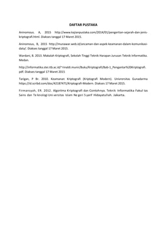 DAFTAR PUSTAKA
Aninomous. A, 2015 http://www.kajianpustaka.com/2014/01/pengertian-sejarah-dan-jenis-
kriptografi.html. Diakses tanggal 17 Maret 2015.
Aninomous, B, 2015 http://munawar.web.id/ancaman-dan-aspek-keamanan-dalam-komunikasi-
data/. Diakses tanggal 17 Maret 2015.
Wardani, B. 2013. Makalah Kriptografi, Sekolah Tinggi Teknik Harapan Jurusan Teknik Informatika.
Medan.
http://informatika.stei.itb.ac.id/~rinaldi.munir/Buku/Kriptografi/Bab-1_Pengantar%20Kriptografi.
pdf. Diakses tanggal 17 Maret 2015
Tarigan, P Br. 2010. Keamanan Kriptografi (Kriptografi Modern). Univrersitas Gunadarma
https://id.scribd.com/doc/42187471/Kriptografi-Modern. Diakses 17 Maret 2015.
Firmansyah, ER. 2012. Algoritma Kriptografi dan Contohnya. Teknik Informatika Fakul tas
Sains dan Te knologi Uni versitas Islam Ne geri S yarif Hidayatullah. Jakarta.
 