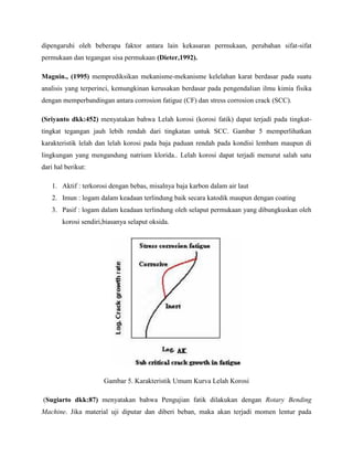 dipengaruhi oleh beberapa faktor antara lain kekasaran permukaan, perubahan sifat-sifat
permukaan dan tegangan sisa permukaan (Dieter,1992).
Magnin., (1995) memprediksikan mekanisme-mekanisme kelelahan karat berdasar pada suatu
analisis yang terperinci, kemungkinan kerusakan berdasar pada pengendalian ilmu kimia fisika
dengan memperbandingan antara corrosion fatigue (CF) dan stress corrosion crack (SCC).
(Sriyanto dkk:452) menyatakan bahwa Lelah korosi (korosi fatik) dapat terjadi pada tingkat-
tingkat tegangan jauh lebih rendah dari tingkatan untuk SCC. Gambar 5 memperlihatkan
karakteristik lelah dan lelah korosi pada baja paduan rendah pada kondisi lembam maupun di
lingkungan yang mengandung natrium klorida.. Lelah korosi dapat terjadi menurut salah satu
dari hal berikut:
1. Aktif : terkorosi dengan bebas, misalnya baja karbon dalam air laut
2. Imun : logam dalam keadaan terlindung baik secara katodik maupun dengan coating
3. Pasif : logam dalam keadaan terlindung oleh selaput permukaan yang dibungkuskan oleh
korosi sendiri,biasanya selaput oksida.
Gambar 5. Karakteristik Umum Kurva Lelah Korosi
(Sugiarto dkk:87) menyatakan bahwa Pengujian fatik dilakukan dengan Rotary Bending
Machine. Jika material uji diputar dan diberi beban, maka akan terjadi momen lentur pada
 