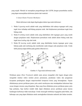 yang terjadi. Metode ini merupakan pengembangan dari LEFM, dengan penambahan analisa
yang dapat menunjukkan deformasi plastis dari material.
I. Linear Elastic Fracture Mechanics
Mode deformasi retak dapat digolongkan dalam tiga mode deformasi:
1. Moda I (opening mode) adalah retak yang diakibatkan oleh adanya tegangan tarik yang
tegak lurus terhadap arah/bidang penjaran retak. Jadi displasemen permukaan tegak lurus
bidang retak.
2. Moda II (sliding mode) adalah retak yang diakibatkan oleh tegangan geser yang searah
dengan penjalaran retak. Displasement permukaan retak adalah dalam bidang retak dan
tegak lurus leading edge dari retak.
3. Moda III (tearing mode) adalah retak yang diakibatkan karena tegangan geser yang
bekerja pada arah melintang dan membentuk sudut dengan arah penjalaran retak. Untuk
lebih jelasnya dapat dilihat pada gambar dibawah ini :
Gambar. 8. Tiga mode deformasi retak.
Perlakuan panas (Heat Treatment) adalah suatu proses mengubah sifat logam dengan jalan
mengubah struktur mikro melalui proses pemanasan, penahanan waktu dan pengaturan
kecepatan pendinginan dengan tanpa/merubah komposisi kimia yang bersangkutan. Tujuan
dilakukannya proses perlakuan panas yaitu untuk merekayasa atau mendapatkan kekerasan baja
sesuai dengan rencana yang diinginkan. Baja yang biasa dilakukan proses perlakuan panas yaitu
baja perkakas, baja karbon rendah tidak dapat dilakukan proses perlakuan panas karena
kandungan karbonnya tidak mencukupi. Untuk mencegah timbulnya kegagalan pada bahan, ada
beberapa cara yang dapat dilakukan untuk meningkatkan kekuatan mekanik dari bahan tersebut.
 