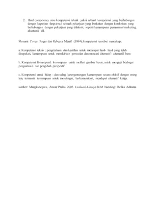 2. Hard competency atau kompetensi teknik ,yakni sebuah kompetensi yang berhubungan
dengan kapasitas fungsional sebuah pekerjaan yang berkaitan dengan keteknisan yang
berhubungan dengan pekerjaan yang dilakoni, seperti kemampuan pemasaran/marketing,
akuntansi, dll.
Menurut Covey, Roger dan Rebecca Merrill (1994), kompetensi tersebut mencakup:
a. Kompetensi teknis : pengetahuan dan keahlian untuk mencapai hasil- hasil yang telah
disepakati, kemampuan untuk memikirkan persoalan dan mencari alternatif- alternatif baru
b. Kompetensi Konseptual: kemampuan untuk melihat gambar besar, untuk menguji berbagai
pengandaian dan pengubah prespektif
c. Kompetensi untuk hidup : dan saling ketergantungan kemampuan secara efektif dengan orang
lain, termasuk kemampuan untuk mendengar, berkomunikasi, mendapat alternatif ketiga.
sumber: Mangkunegara, Anwar Prabu. 2005. Evaluasi Kinerja SDM. Bandung: Refika Aditama.
 