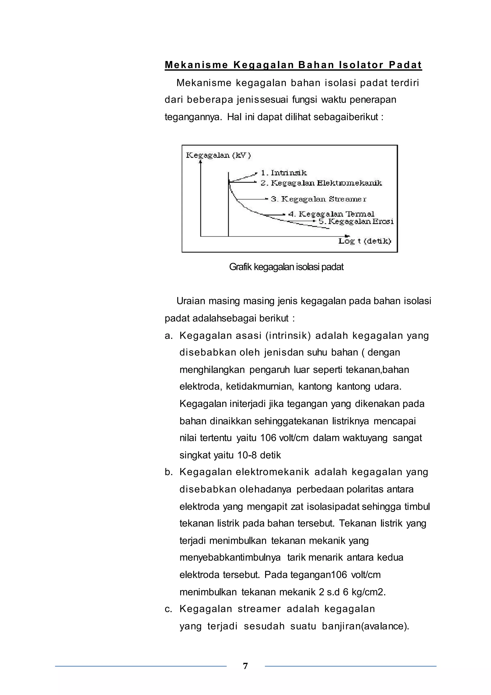 Mekanisme Kegagalan Bahan Isolator Padat 
Mekanisme kegagalan bahan isolasi padat terdi ri 
dari beberapa jenissesuai fungsi waktu penerapan 
tegangannya. Hal ini dapat dilihat sebagaiberikut : 
Grafik kegagalan isolasi padat 
Uraian masing masing jenis kegagalan pada bahan isolasi 
padat adalahsebagai berikut : 
a. Kegagalan asasi (intrinsik) adalah kegagalan yang 
disebabkan oleh jenisdan suhu bahan ( dengan 
menghilangkan pengaruh luar seperti tekanan,bahan 
elektroda, ketidakmurnian, kantong kantong udara. 
Kegagalan initerjadi jika tegangan yang dikenakan pada 
bahan dinaikkan sehinggatekanan listriknya mencapai 
nilai tertentu yaitu 106 volt/cm dalam waktuyang sangat 
singkat yaitu 10-8 detik 
b. Kegagalan elektromekanik adalah kegagalan yang 
disebabkan olehadanya perbedaan polaritas antara 
elektroda yang mengapit zat isolasipadat sehingga timbul 
tekanan listrik pada bahan tersebut. Tekanan listrik yang 
terjadi menimbulkan tekanan mekanik yang 
menyebabkantimbulnya tarik menarik antara kedua 
elektroda tersebut. Pada tegangan106 volt/cm 
menimbulkan tekanan mekanik 2 s.d 6 kg/cm2. 
c. Kegagalan streamer adalah kegagalan 
yang terjadi sesudah suatu banji ran(avalance). 
7 
 