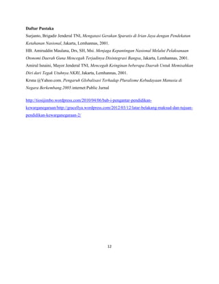 Daftar Pustaka
Surjanto, Brigadir Jenderal TNI, Mengatasi Gerakan Sparatis di Irian Jaya dengan Pendekatan
Ketahanan Nasional, Jakarta, Lemhannas, 2001.
HB. Amiruddin Maulana, Drs, SH, Msi. Menjaga Kepantingan Nasional Melalui Pelaksanaan
Otonomi Daerah Guna Mencegah Terjadinya Disintegrasi Bangsa, Jakarta, Lemhannas, 2001.
Amirul Isnaini, Mayor Jenderal TNI, Mencegah Keinginan beberapa Daerah Untuk Memisahkan
Diri dari Tegak Utuhnya NKRI, Jakarta, Lemhannas, 2001.
Krsna @Yahoo.com. Pengaruh Globalisasi Terhadap Pluralisme Kebudayaan Manusia di
Negara Berkembang.2005.internet:Public Jurnal
http://tiosijimbo.wordpress.com/2010/04/06/bab-i-pengantar-pendidikan-
kewarganegaraan/http://gracellya.wordpress.com/2012/03/12/latar-belakang-maksud-dan-tujuan-
pendidikan-kewarganegaraan-2/
12
 