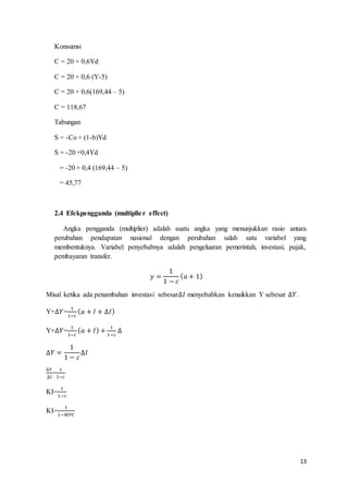13
Konsumsi
C = 20 + 0,6Yd
C = 20 + 0,6 (Y-5)
C = 20 + 0,6(169,44 – 5)
C = 118,67
Tabungan
S = -Co + (1-b)Yd
S = -20 +0,4Yd
= -20 + 0,4 (169,44 – 5)
= 45,77
2.4 Efekpengganda (multiplier effect)
Angka pengganda (multiplier) adalah suatu angka yang menunjukkan rasio antara
perubahan pendapatan nasional dengan perubahan salah satu variabel yang
membentuknya. Variabel penyebabnya adalah pengeluaran pemerintah, investasi, pajak,
pembayaran transfer.
𝑦 =
1
1 − 𝑐
( 𝑎 + 1)
Misal ketika ada penambahan investasi sebesar∆𝐼 menyebabkan kenaikkan Y sebesar ∆𝑌.
Y+∆𝑌=
1
1−𝑐
( 𝑎 + 𝐼 + ∆𝐼)
Y+∆𝑌=
1
1−𝑐
( 𝑎 + 𝐼) +
1
1−𝑐
∆
∆𝑌 =
1
1 − 𝑐
∆𝐼
∆𝑌
∆𝐼
=
1
1−𝑐
KI=
1
1−𝑐
KI=
1
1−𝑀𝑃𝐶
 
