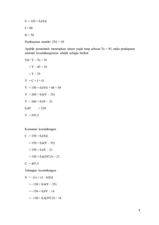 9
C = 150 + 0,6Yd
I = 60
G = 50
Pembayaran transfer (Tr) = 10
Apabila pemerintah menetapkan sistem pajak tetap sebesar Tx = 45, maka pendapatan
nasional keseimbangannya adalah sebagai berikut:
Yd= Y – Tx + Tr
= Y – 45 + 10
= Y – 35
Y = C + I + G
Y = 150 + 0,6Yd + 60 + 50
Y = 260 + 0,6(Y – 35)
Y = 260 + 0,6Y – 21
0,4Y = 239
Y = 597,5
Konsumsi keseimbangan
C = 150 + 0,6Yd
= 150 + 0,6(Y – 35)
= 150 + 0,6Y – 21
= 150 + 0,6(597,5) – 21
C = 487,5
Tabungan keseimbangan
S = - Co + (1 – b)Yd
= - 150 + 0,4(Y – 35)
= - 150 + 0,4Y – 14
= - 150 + 0,4(597,5) – 14
 