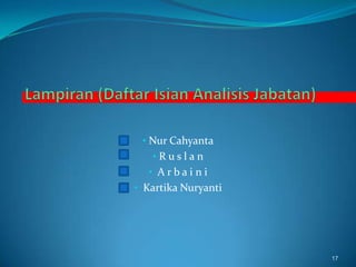 	C. Kondisi fisik dalam lingkungan kerja		1. Tempat kerja di dalam maupun di luar		2. Kondisi penerangan atau cahaya		3. Kondisi ventilasi		4. Kondisi kegaduhan suara		5. Kondisi yang tidak sehat	D. Hubungan antara pekerjaan yang satu dengan pekerjaan lainnya		1. Pekerja dan asisten		2. Koordinasi tugas-tugas dan jabatan	E. Kondisi-kondisi penerimaan pegawai		1. Metode seleksi pegawai		2. Lamanya jam kerja		3. Metode penggajian		4. Pekerja tetap dan temporer		5. Kesempatan promosi jabatan;10