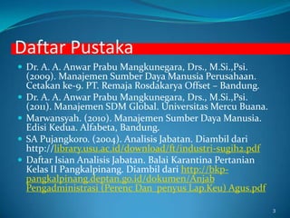 DaftarPustakaDr. A. A. Anwar Prabu Mangkunegara, Drs., M.Si.,Psi. (2009). ManajemenSumberDayaManusia Perusahaan. Cetakan ke-9. PT. Remaja Rosdakarya Offset – Bandung.Dr. A. A. Anwar Prabu Mangkunegara, Drs., M.Si.,Psi. (2011). Manajemen SDM Global. Universitas Mercu Buana.Marwansyah. (2010). ManajemenSumberDayaManusia. EdisiKedua. Alfabeta, Bandung.SA Pujangkoro. (2004). AnalisisJabatan. Diambildari http://library.usu.ac.id/download/ft/industri-sugih2.pdfDaftarIsianAnalisisJabatan. BalaiKarantinaPertanianKelas II Pangkalpinang. Diambildarihttp://bkp-pangkalpinang.deptan.go.id/dokumen/Anjab Pengadministrasi (Perenc Dan  penyusLap.Keu) Agus.pdf3