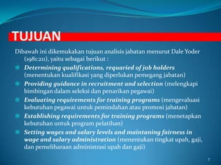 TUJUANDibawah ini dikemukakan tujuan analisis jabatan menurut Dale Yoder (1981:211), yaitu sebagai berikut :Determining qualifications, requaried of job holders (menentukan kualifikasi yang diperlukan pemegang jabatan)
