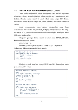 11
2.6 Deklarasi Stack pada Bahasa Pemrograman (Pascal)
Dalam bahasa pemrograman, untuk menempatkan stack biasanya digunakan
sebuah array. Tetapi perlu diingat di sini bahwa stack dan array adalah dua hal yang
berbeda. Misalkan suatu variabel S adalah sebuah stack dengan 100 elemen.
Diasumsikan elemen S adalah integer dan jumlah elemennya maksimum adalah 100
elemen.
Untuk mendeklarasikan stack dengan menggunakan array, harus
dideklarasikan pula variabel lain yaitu TOP_PTR yang merupakan indeks dari array.
Variabel TOP_PTR ini digunakan untuk menyatakan elemen yang berada pada posisi
TOP dalam stack tersebut.
Selanjutnya gabungan kedua variabel ini diberi nama STACK_STRUCT.
Kemudian didefinisikan bahwa :
NOEL(S)=TOP_PTR
ISEMPTY(S)= TRUE, jika TOP_PTR = 0 dan FALSE, jika TOP_PTR > 0.
Maka bentuk deklarasinya dalam PASCAL adalah :
Selanjutnya, untuk keperluan operasi PUSH dan POP harus dibuat suatu
prosedur tersendiri, yaitu :
TYPE Stack_Struct = Record
Stack:array[1..100] of integer;
TopPtr : integer;
End;
VAR S : Stack_Struct;
PROCEDURE PUSH(Eon : integer);
Begin
If (S.TopPtr < NoelMax) Then Begin
S.TopPtr := S.TopPtr + 1;
S.Stack [S.TopPtr] := Eon
End
Else Overflow_Condition
End;
PROCEDURE POP(Eoff : integer);
Begin
If (S.TopPtr > 0) Then Begin
Eoff := S.Stack[S.TopPtr];
S.TopPtr := S.TopPtr-1
End
Else Underflow_Condition
End;
 
