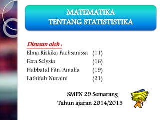 Disusun oleh :
Elma Riskika Fachsanissa (11)
Fera Selysia (16)
Habbatul Fitri Amalia (19)
Lathifah Nuraini (21)
SMPN 29 Semarang
Tahun ajaran 2014/2015
 