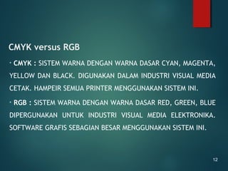 CMYK versus RGB
• CMYK : SISTEM WARNA DENGAN WARNA DASAR CYAN, MAGENTA,
YELLOW DAN BLACK. DIGUNAKAN DALAM INDUSTRI VISUAL MEDIA
CETAK. HAMPEIR SEMUA PRINTER MENGGUNAKAN SISTEM INI.
• RGB : SISTEM WARNA DENGAN WARNA DASAR RED, GREEN, BLUE
DIPERGUNAKAN UNTUK INDUSTRI VISUAL MEDIA ELEKTRONIKA.
SOFTWARE GRAFIS SEBAGIAN BESAR MENGGUNAKAN SISTEM INI.
12
 