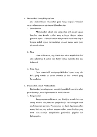 e. Berdasarkan Ruang Lingkup Surat
      Jika dikelompokan berdasarkan pada ruang lingkup pemakaian
   surat, pada umumnya, surat dapat dibedakan atas:
   1. Memorandum
             Memorandum adalah surat yang dibuat oleh atasan kepada
      bawahan atau kepada pejabat yang setingkat dengan pejabat
      pembuat memo. Memorandum ini hanya berisikan catatan singkat
      tentang pokok-pokok permasalahan sebagai pesan yang ingin
      dikomunikasikan.


   2. Nota
             Nota adalah surat yang dibuat oleh atasan kepada bawahan
      atau sebaliknya di dalam satu kantor untuk meminta data atau
      informasi.


   3. Surat Biasa
             Surat biasa adalah surat yang dikirimkan kepada orang lain,
      baik yang berada di dalam maupun di luar instansi yang
      bersangkutan.


f. Berdasarkan Jumlah Pembaca Surat
      Berdasarkan jumlah pembaca yang dikehendaki oleh surat tersebut,
   pada umumnya, surat dapat dibedakan antara lain atas:
   1. Pengumuman
             Pengumuman adalah surat yang ditujukan kepada beberapa
      orang, instansi, atau pihak lain yang namanya terlalu banyak untuk
      disebutkan satu per satu. Pengumuman ini dapat digunakan dalam
      ruang lingkup yang terbatas maupun dalam ruang lingkup yang
      lebih luas.Misalnya, pengumuman penerimaan pegawai dan
      kelulusan tes.
 