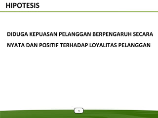 HIPOTESIS


DIDUGA KEPUASAN PELANGGAN BERPENGARUH SECARA
NYATA DAN POSITIF TERHADAP LOYALITAS PELANGGAN




                      5
 