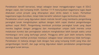 Pendekatan iteratif bervariasi, tetapi sebagian besar menggabungkan tugas di SDLC
dengan cepat, dan tumpang tindih. Gambar 11-9 menunjukkan bagaimana tugas dapat
dilakukan untuk proyek yang diharapkan akan dirilis dalam 6 bulan. Perhatikan
bagaimana tugas diurutkan, tetapi tidak berakhir sebelum tugas berikutnya dimulai.
Pendekatan umum yang digunakan dalam metode iteratif yang membantu pengembang
perangkat lunak menghidupkan aplikasi dengan lebih cepat disebut pengembangan
aplikasi cepat (RAD). Pengembang membuat prototipe perangkat lunak yang dapat
mereka bagikan dengan pengguna dan mendapatkan umpan balik mereka untuk
melakukan koreksi dan peningkatan sebelum menghabiskan lebih banyak waktu untuk
membangun versi yang berfungsi penuh. Pengguna akhir jauh lebih terbantu ketika
mereka dapat melihat prototipe meskipun sebagian besar sebenarnya tidak berfungsi.
Pendekatan ini bekerja dengan baik dengan fase yang tumpang tindih yang khas dari
pengembangan iteratif, dan juga sering digunakan dalam pendekatan pengembangan
perangkat lunak lainnya.
 