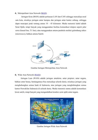 4. Metropolitant Area Network (MAN)
        Jaringan Kota (MAN) adalah perluasan LAN dan CAN sehingga mencakup areal
satu kota, misalnya jaringan antar kampus dan jaringan antar kantor cabang, sehingga
dapat mencapai jarak rentang antara 10 – 45 kilometer. Media transmisi kabel adalah
Serat Optik, tetapi banyak yang menggunakan fasilitas komunikasi telepon seperti jalur
sewa (leased line, T1 line), atau menggunakan antena parabola melalui gelombang mikro
(microwave), bahkan antena Satelit.




                    Gambar Jaringan Metropolitan Area Network


5. Wide Area Network (WAN):
       Jaringan Luas (WAN) adalah jaringan antarkota, antar propinsi, antar negara,
bahkan antar benua, bentangannya bisa mencakup seluruh dunia, misalnya jaringan yang
menghubungkan semua bank di Indonesia, atau jaringan yang menghubungkan semua
kantor Perwakilan Indonesia di seluruh dunia. Media transmisi utama adalah komunikasi
lewat satelit, tetapi banyak yang mengandalkan koneksi serat optik antar negara.




                           Gambar Jaringan Wide Area Network
 