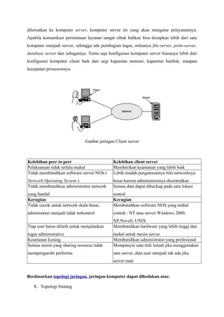 dilewatkan ke komputer server, komputer server ini yang akan mengatur pelayanannya.
Apabila komunikasi permintaan layanan sangat sibuk bahkan bisa disiapkan lebih dari satu
komputer menjadi server, sehingga ada pembagian tugas, milsanya file-server, print-server,
database server dan sebagainya. Tentu saja konfigurasi komputer server biasanya lebih dari
konfigurasi komputer client baik dari segi kapasitas memori, kapasitas hardisk, maupun
kecepatan prosessornya.




                               Ganbar jaringan Client server



Kelebihan peer to peer                        Kelebihan client server
Pelaksanaan tidak terlalu mahal               Memberikan keamanan yang lebih baik
Tidak membutuhkan software server NOS (       Lebih mudah pengaturannya bila networknya
Network Operating System )                    besar karena administrasinya disentralkan
Tidak membutuhkan administrator network       Semua data dapat dibackup pada satu lokasi
yang handal                                   sentral
Kerugian                                      Kerugian
Tidak cocok untuk network skala besar,        Membutuhkan software NOS yang mahal
administrasi menjadi tidak terkontrol         contoh : NT atau server Windows 2000,
                                              XP,Novell, UNIX
Tiap user harus dilatih untuk menjalankan     Membutuhkan hardware yang lebih tinggi dan
tugas administrative                          mahal untuk mesin server
Keamanan kurang                               Membutuhkan administrator yang profesional
Semua mesin yang sharing resource tidak       Mempunyai satu titik lemah jika menggunakan
mempengaruhi performa                         satu server, data user menjadi tak ada jika
                                              server mati


Berdasarkan topologi jaringan, jaringan komputer dapat dibedakan atas:

   1. Topologi bintang
 