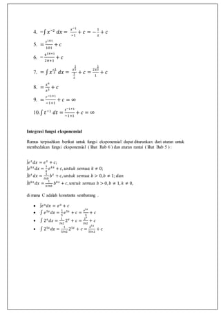 4. =∫ 𝑥−2
𝑑𝑥 =
𝑥−1
−1
+ 𝑐 = −
1
𝑥
+ 𝑐
5. =
𝑡101
101
+ 𝑐
6. =
42𝜋+1
2𝜋+1
+ 𝑐
7. = ∫ 𝑥
−1
2 𝑑𝑥 =
𝑥
1
2
1
2
+ 𝑐 =
2𝑥
1
2
1
+ 𝑐
8. =
𝑥6
𝑥3
+ 𝑐
9. =
𝑟−1+1
−1+1
+ 𝑐 = ∞
10.∫ 𝑡−1
𝑑𝑡 =
𝑡−1+1
−1+1
+ 𝑐 = ∞
Integrasi fungsi eksponensial
Rumus terpisahkan berikut untuk fungsi eksponensial dapat diturunkan dari aturan untuk
membedakan fungsi eksponensial ( lihat Bab 6 ) dan aturan rantai ( lihat Bab 5 ) :
∫𝑒 𝑥
𝑑𝑥 = 𝑒 𝑥
+ 𝑐;
∫𝑒 𝑘𝑥
𝑑𝑥 =
1
𝑘
𝑒 𝑘𝑥
+ 𝑐, 𝑢𝑛𝑡𝑢𝑘 𝑠𝑒𝑚𝑢𝑎 𝑘 ≠ 0;
∫𝑏 𝑥
𝑑𝑥 =
1
𝐼𝑛𝑏
𝑏 𝑥
+ 𝑐, 𝑢𝑛𝑡𝑢𝑘 𝑠𝑒𝑚𝑢𝑎 𝑏 > 0, 𝑏 ≠ 1; 𝑑𝑎𝑛
∫𝑏 𝑘𝑥
𝑑𝑥 =
1
𝑘𝐼𝑛𝑏
𝑏 𝑘𝑥
+ 𝑐, 𝑢𝑛𝑡𝑢𝑘 𝑠𝑒𝑚𝑢𝑎 𝑏 > 0, 𝑏 ≠ 1, 𝑘 ≠ 0,
di mana C adalah konstanta sembarang .
 ∫𝑒 𝑢
𝑑𝑥 = 𝑒 𝑢
+ 𝑐
 ∫ 𝑒5𝑥
𝑑𝑥 =
1
5
𝑒5𝑥
+ 𝑐 =
𝑒5𝑥
5
+ 𝑐
 ∫ 2 𝑥
𝑑𝑥 =
1
𝐼𝑛2
2 𝑥
+ 𝑐 =
2 𝑥
𝐼𝑛2
+ 𝑐
 ∫ 25𝑥
𝑑𝑥 =
1
5𝐼𝑛2
25𝑥
+ 𝑐 =
25𝑥
5𝐼𝑛2
+ 𝑐
 