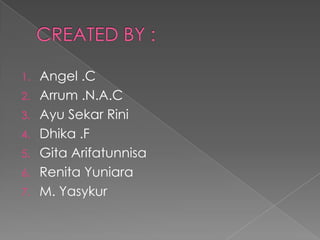 1. Angel .C
2. Arrum .N.A.C
3. Ayu Sekar Rini
4. Dhika .F
5. Gita Arifatunnisa
6. Renita Yuniara
7. M. Yasykur
 