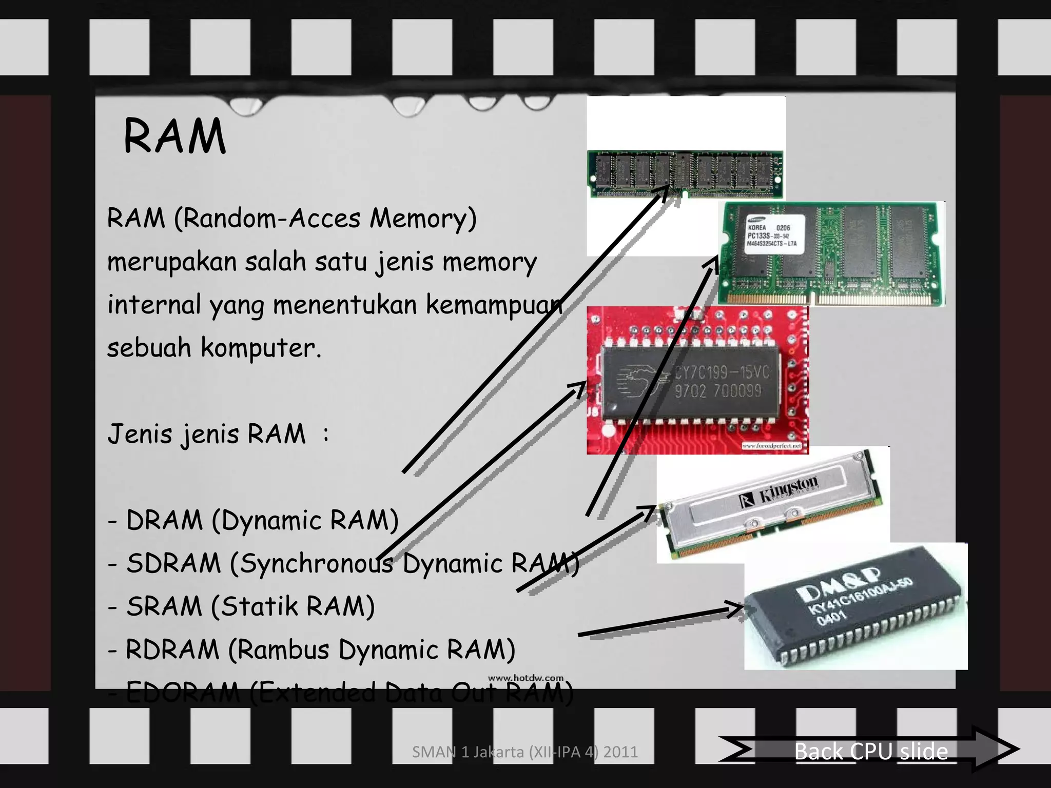 RAM RAM (Random-Acces Memory) merupakan salah satu jenis memory  internal yang menentukan kemampuan  sebuah komputer.  Jenis jenis RAM  : - DRAM (Dynamic RAM) - SDRAM (Synchronous Dynamic RAM) - SRAM (Statik RAM) - RDRAM (Rambus Dynamic RAM) - EDORAM (Extended Data Out RAM) Back CPU slide 