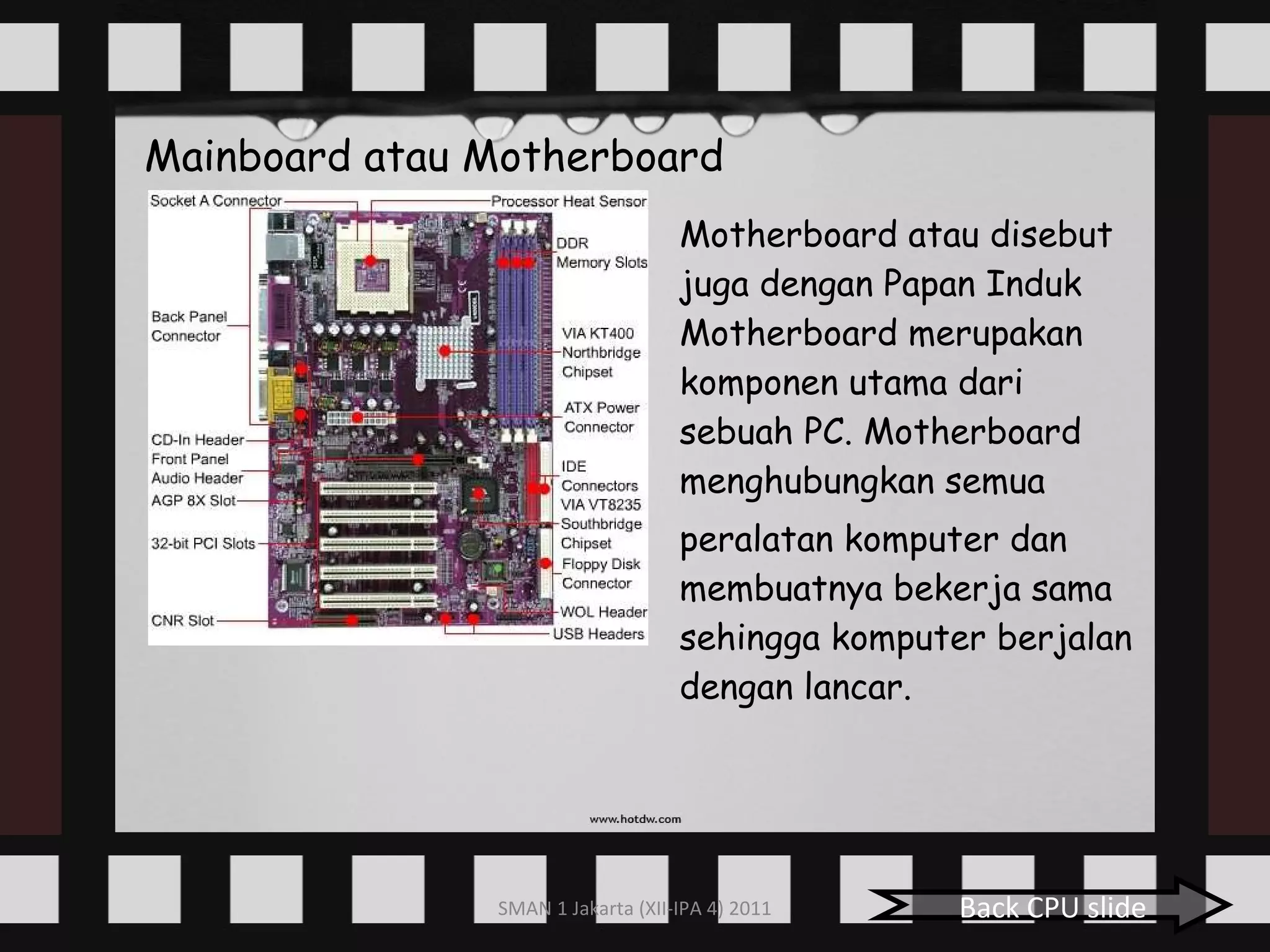 Mainboard atau Motherboard Motherboard atau disebut juga dengan Papan Induk Motherboard merupakan komponen utama dari sebuah PC. Motherboard menghubungkan semua  peralatan komputer dan membuatnya bekerja sama sehingga komputer berjalan dengan lancar.  Back CPU slide 
