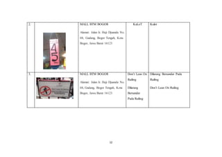 12
2. MALL BTM BOGOR
Alamat: Jalan Ir. Haji Djuanda No.
68, Gudang, Bogor Tengah, Kota
Bogor, Jawa Barat 16123
KuLoT Kulot
3. MALL BTM BOGOR
Alamat: Jalan Ir. Haji Djuanda No.
68, Gudang, Bogor Tengah, Kota
Bogor, Jawa Barat 16123
Don’t Lean On
Railing
Dilarang
Bersandar
Pada Railing
Dilarang Bersandar Pada
Railing
Don’t Lean On Railing
 