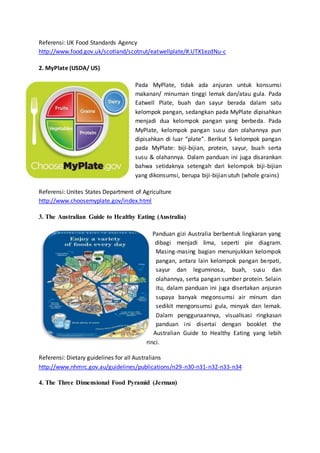 Referensi: UK Food Standards Agency
http://www.food.gov.uk/scotland/scotnut/eatwellplate/#.UTX1ezdNu-c
2. MyPlate (USDA/ US)
Pada MyPlate, tidak ada anjuran untuk konsumsi
makanan/ minuman tinggi lemak dan/atau gula. Pada
Eatwell Plate, buah dan sayur berada dalam satu
kelompok pangan, sedangkan pada MyPlate dipisahkan
menjadi dua kelompok pangan yang berbeda. Pada
MyPlate, kelompok pangan susu dan olahannya pun
dipisahkan di luar “plate”. Berikut 5 kelompok pangan
pada MyPlate: biji-bijian, protein, sayur, buah serta
susu & olahannya. Dalam panduan ini juga disarankan
bahwa setidaknya setengah dari kelompok biji-bijian
yang dikonsumsi, berupa biji-bijian utuh (whole grains)
Referensi: Unites States Department of Agriculture
http://www.choosemyplate.gov/index.html
3. The Australian Guide to Healthy Eating (Australia)
Panduan gizi Australia berbentuk lingkaran yang
dibagi menjadi lima, seperti pie diagram.
Masing-masing bagian menunjukkan kelompok
pangan, antara lain kelompok pangan berpati,
sayur dan leguminosa, buah, susu dan
olahannya, serta pangan sumber protein. Selain
itu, dalam panduan ini juga disertakan anjuran
supaya banyak megonsumsi air minum dan
sedikit mengonsumsi gula, minyak dan lemak.
Dalam penggunaannya, visualisasi ringkasan
panduan ini disertai dengan booklet the
Australian Guide to Healthy Eating yang lebih
rinci.
Referensi: Dietary guidelines for all Australians
http://www.nhmrc.gov.au/guidelines/publications/n29-n30-n31-n32-n33-n34
4. The Three Dimensional Food Pyramid (Jerman)
 