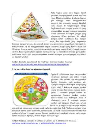 Pada bagian dasar atau bagian bawah
piramida, terdapat gambar bentuk lingkaran
yang dibagi menjadi tiga layaknya diagram
pie sehingga dapat menggambarkan
proporsi tiap kelompok pangan, ditambah
satu bagian di tengah-tengah berupa
lingkaran dengan dengan gambar air yang
menunjukkan anjuran konsumsi minuman.
Selain minuman, kelompok pangan yang
digunakan dalam panduan ini adalah
pangan nabati (dibedakan lagi menjadi
sereal dan sayur-buah) yang proporsinya
dominan, pangan hewani, dan minyak-lemak yang proporsinya sangat kecil. Keempat sisi
pada piramida 3D ini menggambarkan empat kelompok pangan yang berbeda-beda, dan
dilengkapi dengan gambar contoh makanan-makanan yang masuk dalah kelompok pangan
tersebut. Pada bagian sebelah kiri dari masing-masing sisi piramida ini terdapat garis gradasi
kode warna traffic light yang menunjukkan urutan kandungan gizi dari pangan yang ada di
sisi piramid tersebut
Sumber: Deutsche Gessellschaft fur Ernahrung (German Nutrition Society)
http://www.dge.de/modules.php?name=Content&pa=showpage&pid=40
5. La nueva Rueda de los Alimentos (Spanyol)
Spanyol, sebelumnya juga menggunakan
visualisasi panduan gizi dalam bentuk
piramida. Kini, mereka juga menggunakan
bentuk lingkaran, pada panduan gizi
Spanyol terdapat 6 kelompok pangan yang
terdiri dari 2 kelompok pangan sumber
energi (pangan berpati dan minyak-lemak-
gula), 2 kelompok pangan sumber zat
pembangun (pangan sumber protein
hewani-nabati dan kelompok susu &
olahannya), serta 2 kelompok pangan
sumber zat pengatur (buah dan sayur).
Selain itu, di bagian tengah terdapat anjuran
konsumsi air minum dan anjuran untuk melakukan aktivitas fisik. Walapaun anjuran besar
porsi tidak tertera secara kuantitatif, namun secara kualitatif visualisasi tersebut memberikan
gambaran bahwa kelompok pangan berpati memberikan kontribusi terbesar pada asupan
makan masyarakat Spanyol, disusul dengan buah dan sayur.
Sumber: Sociedad Española de Dietética y Ciencias de la Alimentación (SEDCA)
http://www.nutricion.org/recursos_y_utilidades/rueda_alimentos.htm
 