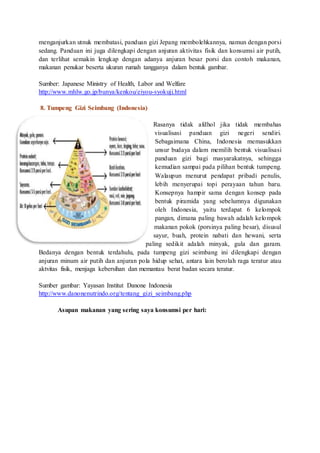 menganjurkan utnuk membatasi, panduan gizi Jepang membolehkannya, namun dengan porsi
sedang. Panduan ini juga dilengkapi dengan anjuran aktivitas fisik dan konsumsi air putih,
dan terlihat semakin lengkap dengan adanya anjuran besar porsi dan contoh makanan,
makanan penukar beserta ukuran rumah tangganya dalam bentuk gambar.
Sumber: Japanese Ministry of Health, Labor and Welfare
http://www.mhlw.go.jp/bunya/kenkou/eiyou-syokuji.html
8. Tumpeng Gizi Seimbang (Indonesia)
Rasanya tidak afdhol jika tidak membahas
visualisasi panduan gizi negeri sendiri.
Sebagaimana China, Indonesia memasukkan
unsur budaya dalam memilih bentuk visualisasi
panduan gizi bagi masyarakatnya, sehingga
kemudian sampai pada pilihan bentuk tumpeng.
Walaupun menurut pendapat pribadi penulis,
lebih menyerupai topi perayaan tahun baru.
Konsepnya hampir sama dengan konsep pada
bentuk piramida yang sebelumnya digunakan
oleh Indonesia, yaitu terdapat 6 kelompok
pangan, dimana paling bawah adalah kelompok
makanan pokok (porsinya paling besar), disusul
sayur, buah, protein nabati dan hewani, serta
paling sedikit adalah minyak, gula dan garam.
Bedanya dengan bentuk terdahulu, pada tumpeng gizi seimbang ini dilengkapi dengan
anjuran minum air putih dan anjuran pola hidup sehat, antara lain berolah raga teratur atau
aktvitas fisik, menjaga kebersihan dan memantau berat badan secara teratur.
Sumber gambar: Yayasan Institut Danone Indonesia
http://www.danonenutrindo.org/tentang_gizi_seimbang.php
Asupan makanan yang sering saya konsumsi per hari:
 