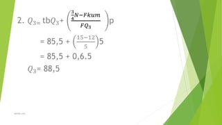 2. 𝑄3= tb𝑄3+
3
4
𝑁−𝐹𝑘𝑢𝑚
𝐹𝑄3
p
= 85,5 +
15−12
5
5
= 85,5 + 0,6.5
𝑄3= 88,5
alewoh.com
 