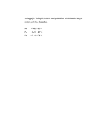 Sehingga jika disimpulkan untuk total probabilitas seluruh moda, dengan
system nested ini didapatkan

Pm

= 0,53 = 53 %

Pb

= 0,24 = 23 %

Pbt

= 0,24 = 24 %

 